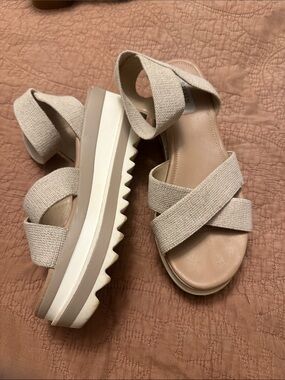 Steven New York Beige Textured Fabric Platform Sandals - Women's Summer Wedges